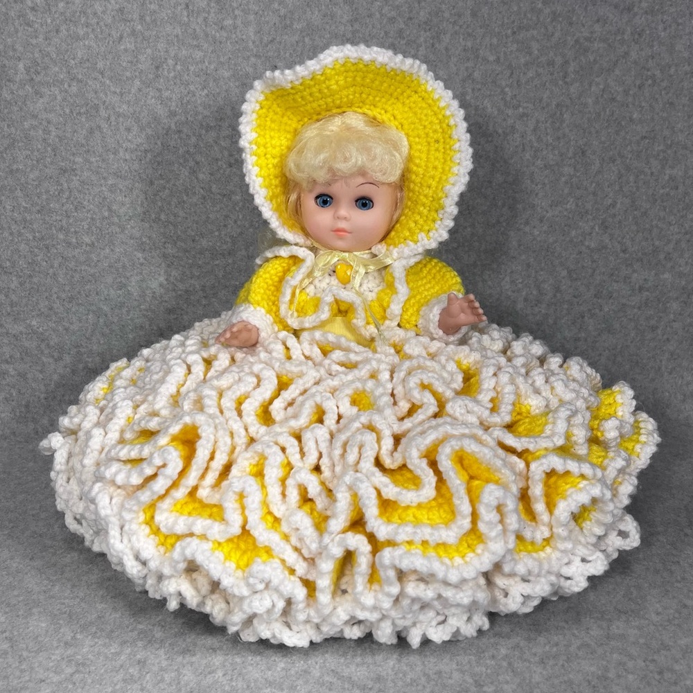 Vintage Bed Doll 13”‎ Handmade Crochet Yellow White Dress Bonnet Sleepy Eyes - Picture 5 of 16